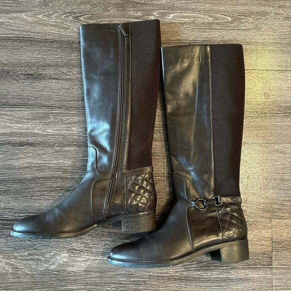 Aquatalia Oralie Equestrian Boot 7.5 Brown Leather Stretch Knee Side Zip Quilted - Picture 1 of 10